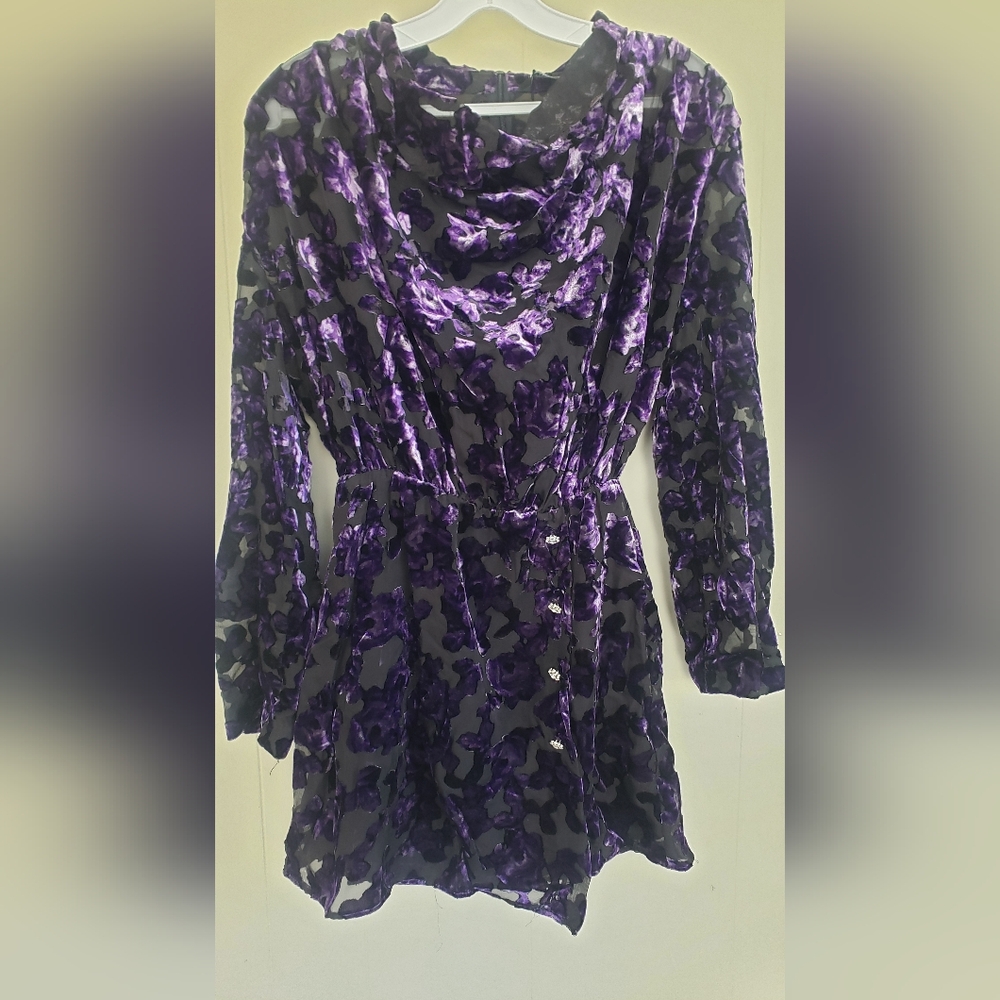Velvet Floral Burnout Long Sleeve Dress in Purple and Black